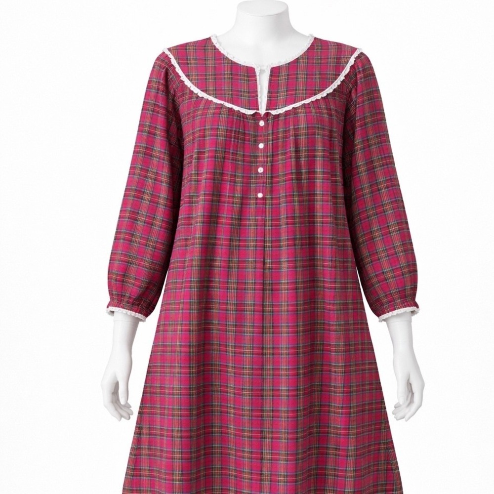 Lanz of Salzburg Nightgown Womens Medium Red Plaid Cotton Flannel Lace Trim Long